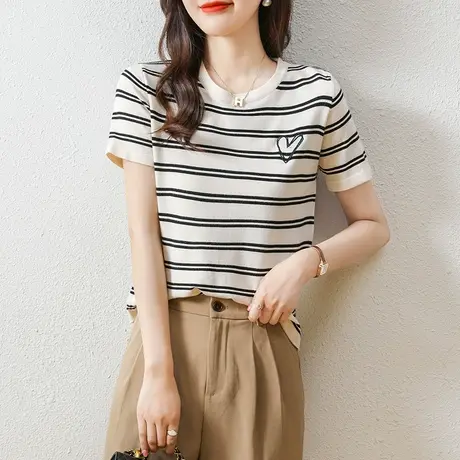 夏季女士短袖条纹上衣女装新款薄款宽松显瘦针织衫韩版爱心小T恤图片