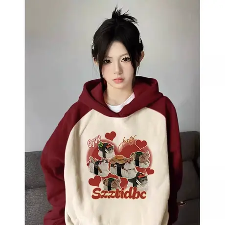 纯棉拼色卫衣女连帽2023新款春秋季外套韩系慵懒风加绒加厚上衣潮商品大图