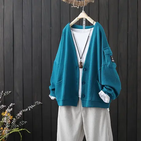 春秋薄款长袖女士卫衣v领开衫外套2021新款宽松韩版ins潮大码上衣图片