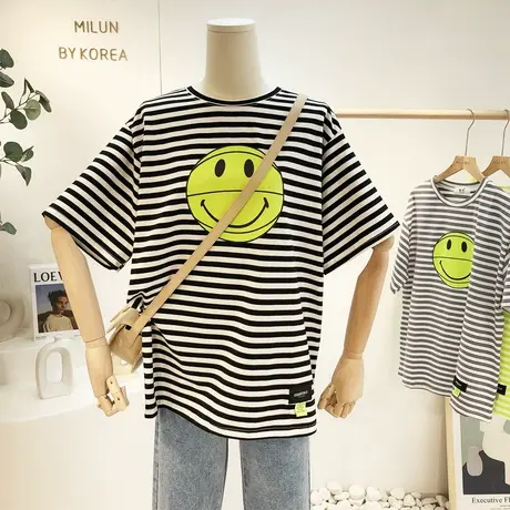 2021夏季新款韩国东大门ins笑脸条纹T恤运动休闲百搭短袖欧货大码图片