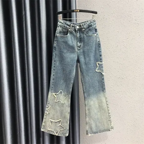 欧货个性拼接设计感牛仔微喇裤女2023秋季新款高腰显瘦喇叭长裤潮商品大图