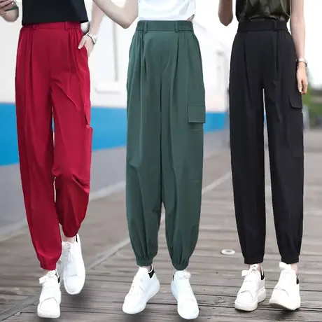 束脚工装裤女夏季薄款高腰显瘦冰丝哈伦裤宽松休闲九分速干运动裤商品大图