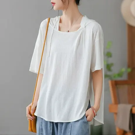 dza白色连帽短袖T恤女2023夏季薄款纯棉打底体恤宽松显瘦套头上衣商品大图