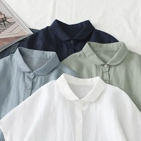 日系文艺亚麻宽松显瘦元宝领短袖衬衫女2022夏季百搭半袖棉麻衬衣图片