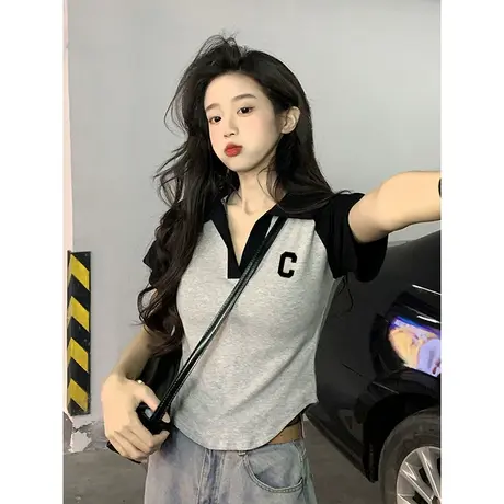 撞色短袖正肩t恤女夏季新款美式polo插肩短款辣妹不规则纯欲上衣商品大图
