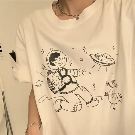ins潮百搭卡通趣味太空人上衣2020cec超火新款纯棉宽松短袖T恤女图片