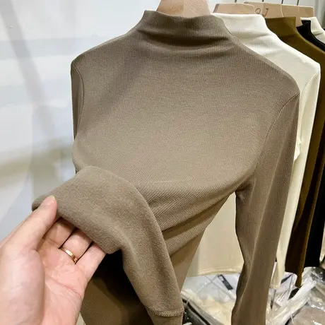 半高领坑条加薄绒长袖T恤女2022秋冬新款洋气修身内搭打底衫上衣商品大图