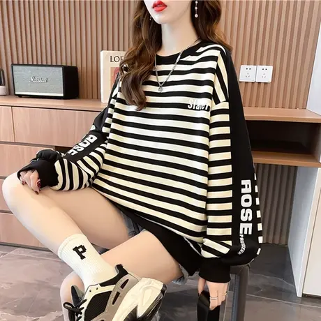 设计感小众卫衣女秋冬季韩版宽松小个子加绒加厚条纹上衣服外套潮商品大图