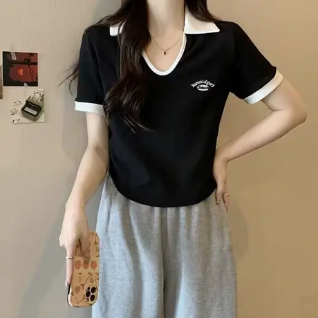 纯棉短袖POLO衫T恤女夏季2023新款爆款百搭修身显瘦短款V领上衣服图片