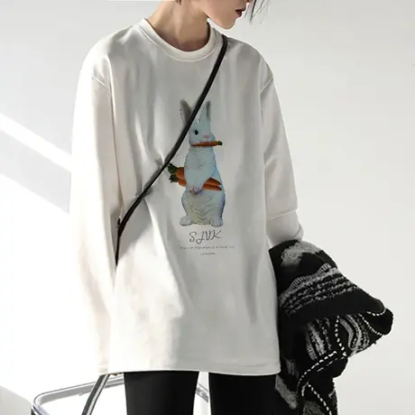 纯棉兔子印花白色打底衫女秋冬内搭宽松长袖t恤中长款大码上衣服商品大图