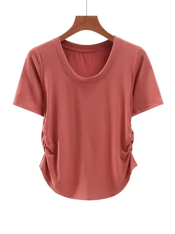 夏季新款韩版圆领修身纯棉圆弧纯欲褶皱短袖上衣内搭女打底衫T恤商品大图