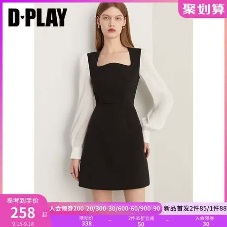DPLAY2023秋法式赫本风小黑裙撞色黑拼白波浪领长袖连衣裙轻礼服图片