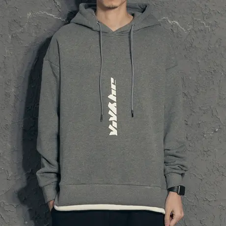 奕飏2020新款春装简约假两件宽松卫衣男连帽字母印花撞色套头上衣商品大图