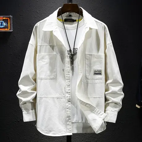 秋季新款日系韩版潮流长袖牛仔外套男士宽松百搭衬衫男装衬衣纯棉图片