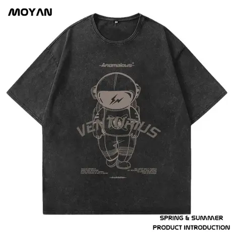 美式300g重磅复古宇航员短袖T恤男款夏季大码宽松水洗做旧半袖潮商品大图