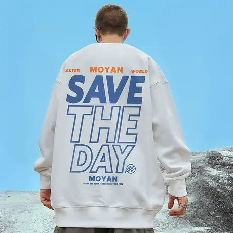 oversize潮牌嘻哈hiphop大码圆领加绒加厚卫衣男装宽松秋冬款外套商品大图