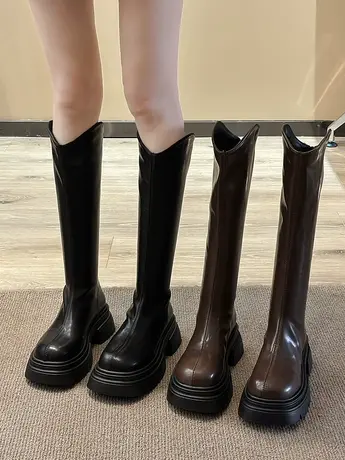 厚底粗跟长筒靴女2023新款秋冬不过膝长靴小个子后拉链显瘦骑士靴商品大图