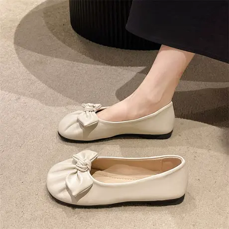 平底单鞋女夏季2023新款浅口蝴蝶结复古软底休闲配裙子防滑豆豆鞋商品大图