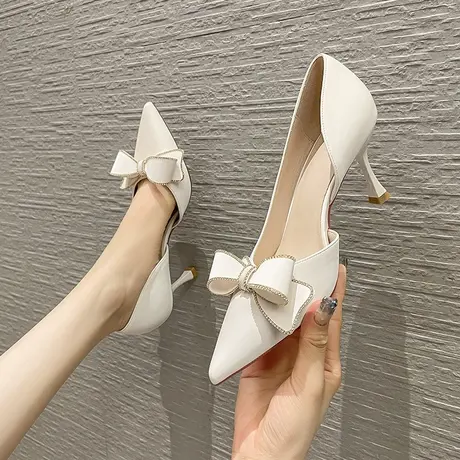 法式名媛单鞋女细跟2023年春季新款浅口百搭尖头蝴蝶结宴会高跟鞋图片