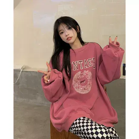 大码美式复古卫衣女装春秋季胖mm宽松BF风加绒长袖上衣ins潮200斤图片