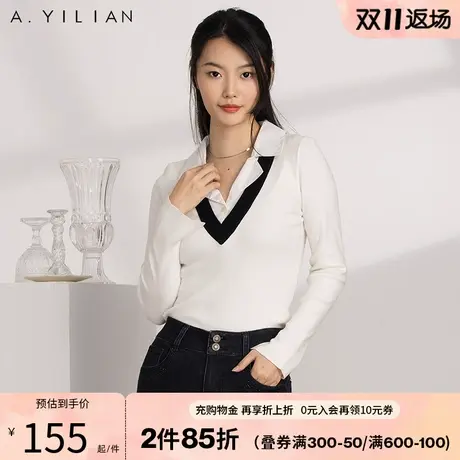 阿依莲美洋秋装新款针织衫女洋气复古撞色显瘦百搭假两件长袖上衣商品大图