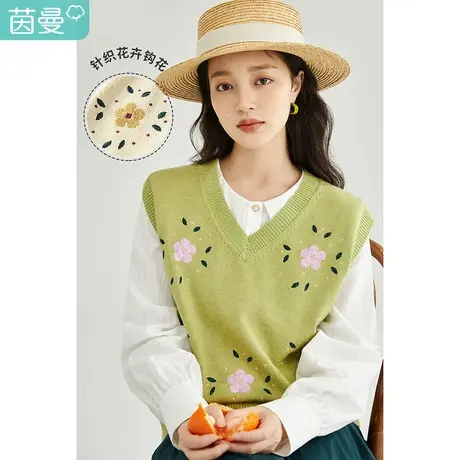 茵曼宽松女2023年春季新款V领文艺甜美晴棉绣花套头百搭针织马甲图片