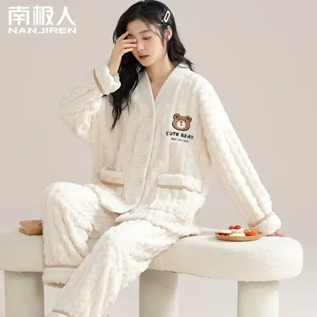 睡衣女珊瑚绒加厚加绒冬季新款家居服套装可爱法兰绒长袖开衫大码商品大图