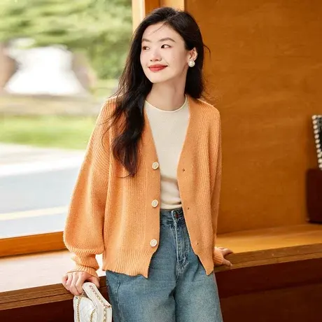 时尚气质毛衣开衫2023年秋季新款女装纯色百搭宽松V领长袖上衣商品大图