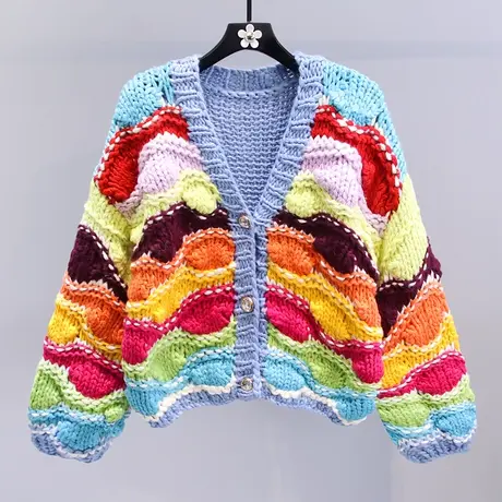 纯手工编织彩色拼接毛衣外套女秋冬2023新款宽松慵懒风针织开衫图片