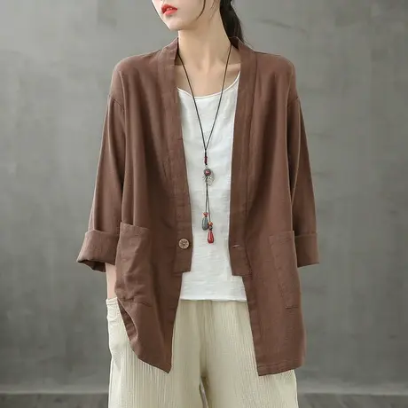 dza 复古薄款棉麻上衣女开衫宽松显瘦上衣2022秋新款休闲亚麻外套商品大图