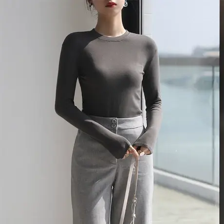 德绒保暖打底衫女春秋冬2023年新款内搭加绒加厚磨毛长袖T恤上衣图片