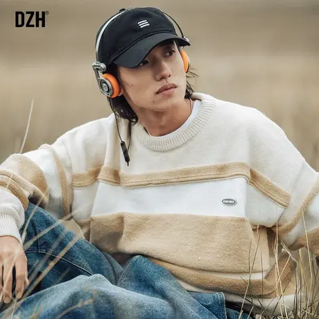 男生条纹撞色毛衣男秋季宽松慵懒风男装2023新款长袖针织上衣圆领商品大图