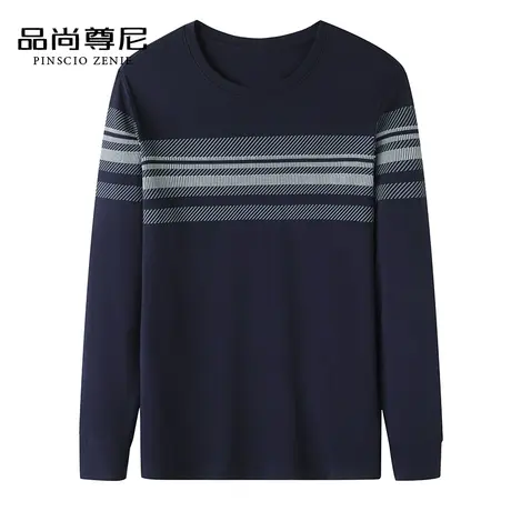 男士T恤长袖圆领撞色条纹纯棉卫衣2022新款中老年爸爸上衣春秋装商品大图
