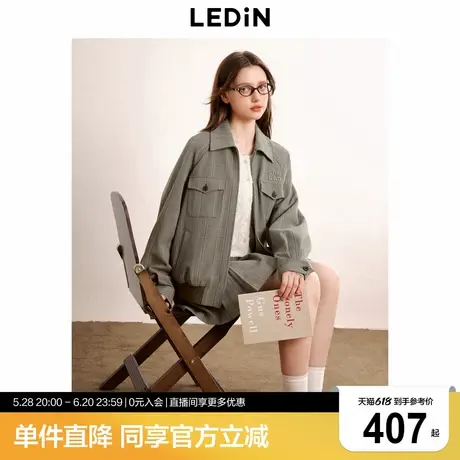 乐町秋季新款韩系学院风miu系气质格子贴布绣宽松休闲夹克外套女商品大图