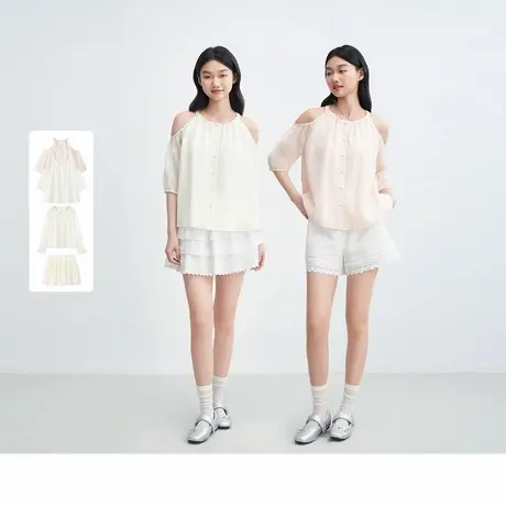 乐町挖肩挂脖小衫/V领小衫/亮丝百褶裙商品大图