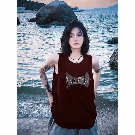 纯棉港风吊带坎肩背心无袖t恤女2024新款夏季外穿篮球服挂脖上衣图片