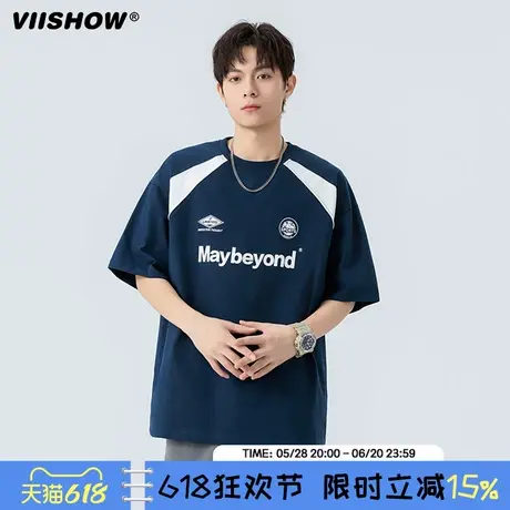 VIISHOW圆领撞色重磅短袖T恤男款夏季美式潮牌球衣休闲半袖体恤商品大图