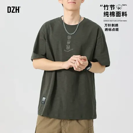 男士绿色刺绣运动短袖t恤男美式高街2025新款夏季纯棉设计感上衣商品大图