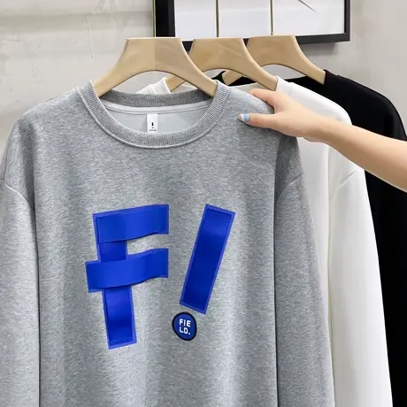 男士织带拼接圆领字母卫衣秋季潮牌宽松休闲套头长袖T恤个性男装商品大图