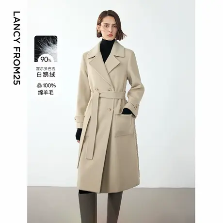 朗姿霍尔多巴吉白鹅绒长款外套女2024年冬季新款纯羊毛羽绒呢大衣商品大图