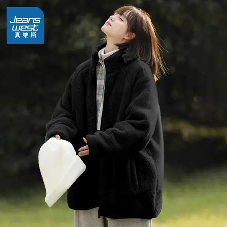 NOB真维斯黑色摇粒绒外套女秋冬季2025新款加绒加厚宽松慵懒上衣图片