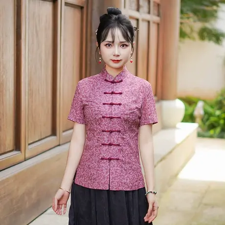 筠雅夏季新款新中式国风上衣民国复古唐装修身减龄女装短袖25J197商品大图