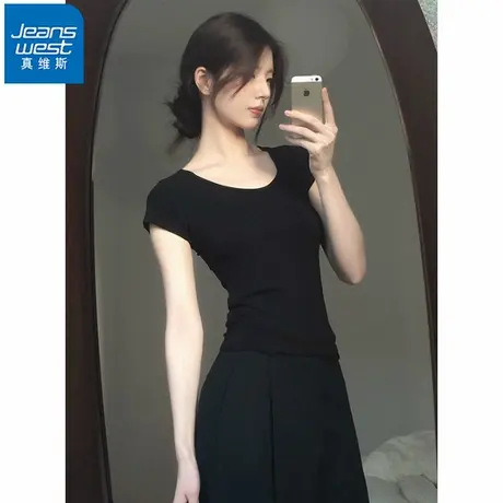 NR真维斯女装修身性感短袖t恤夏季新款纯欲辣妹显瘦短款黑色上衣商品大图