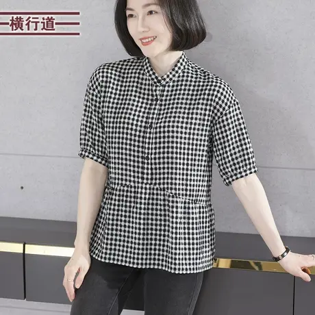 2023秋季新款复古简约立领格子宽松中袖娃娃衫外穿上衣服大码女装商品大图