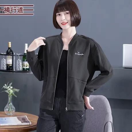 冬季棒球服女字母刺绣拉链宽松长袖女中年灰色外套冬装新款大码商品大图