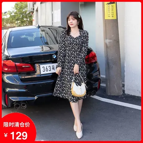 2023秋季新款法式显瘦中长款过膝收腰绑带气质大码胖MM碎花连衣裙商品大图