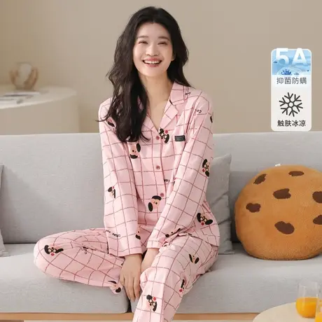 秋鹿【经典格纹】卡通印花丝滑纯棉睡衣女2025春夏格子长袖家居服商品大图
