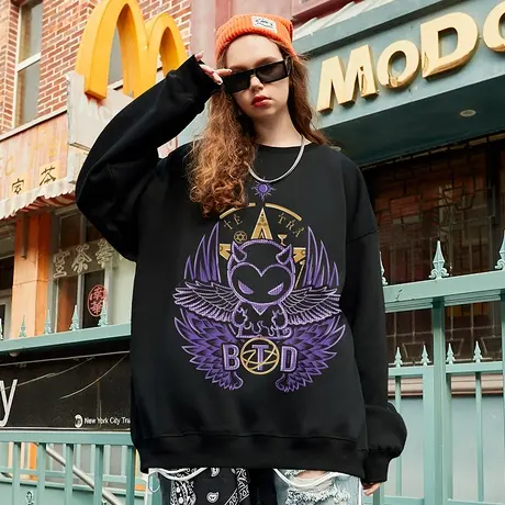 国潮嘻哈翅膀小恶魔圆领卫衣男潮牌ins宽松秋冬oversize情侣外套商品大图