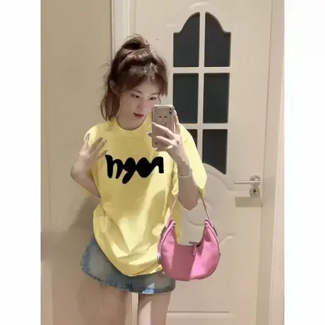 美式潮牌小个子纯棉正肩短袖T恤女宽松显瘦ins新款嫩黄色体恤上衣商品大图