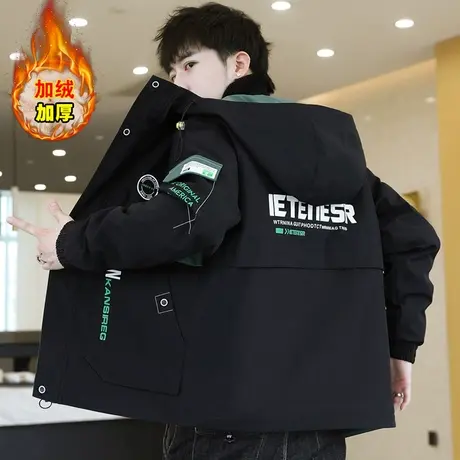 加绒夹克男潮流工装加厚保暖外套拼接学生帅气秋天上衣服加棉冬衣商品大图